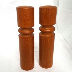 Wooden Salt & Pepper Shakes  Teak??  Flat Top  4 1/2" Tall 2" Diameter